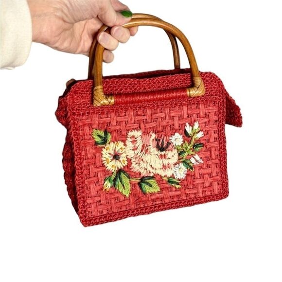 Fossil Handbags - Vintage Fossil Woven Straw Bamboo Handle Tote Bag New Vacation Girly Cute